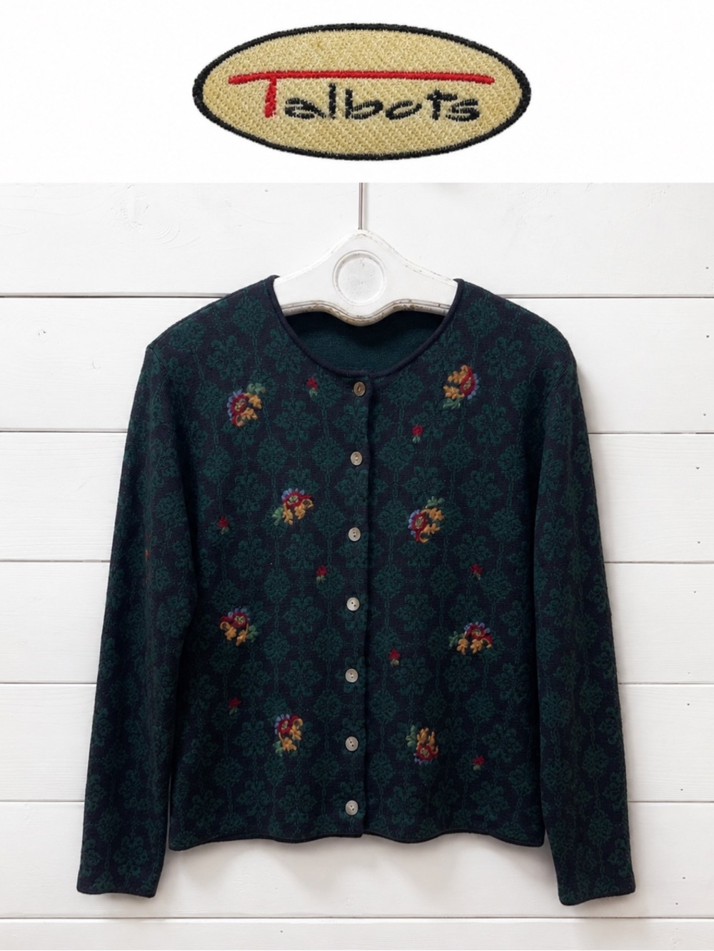 TALBOTS Vintage Floral Jacquard Cardigan Navy Green Estimated Size L